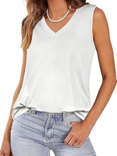 JOLIGAL White Tank Tops Women V Neck Loose Basic Solid Color Sleeveless Tshirts(White,M)