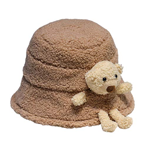 Myya Female Korean Version of Teddy Plush Bear Fisherman Hat Winter Fluffy Plush Warm Bucket Hat Cute 3D Filled Wide Brim Outdoor Fisherman Hat Trendy Cute Hat Khaki