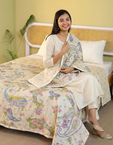 Image of Summer Blanket 100% Cotton Reversible Ac Comforter and Cooling | Classic Printed Design | Quilt | Dohar Single /Double Bed Quilt Ideal for Gifting (Cream, Single)
