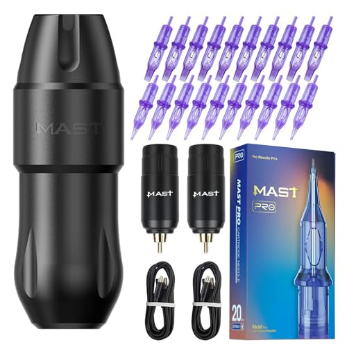 Mast Tattoo Tour Pro Pen Machine Kit, Two Wireless Cordless Batteries Power Supply, 20Pcs Cartridges Needles for Pro Tattoo & Scalp - Fine Tattoo Kit