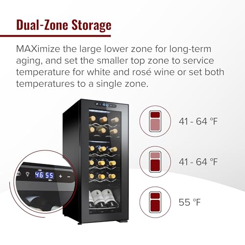 Image of Wine Enthusiast 18-Bottle Dual Zone MAX Compressor Wine Cooler - Freestanding Beverage Refrigerator, Mini Fridge with Digital Touchscreen, Split Storage, Energy-Efficient Cooling, and LED Display