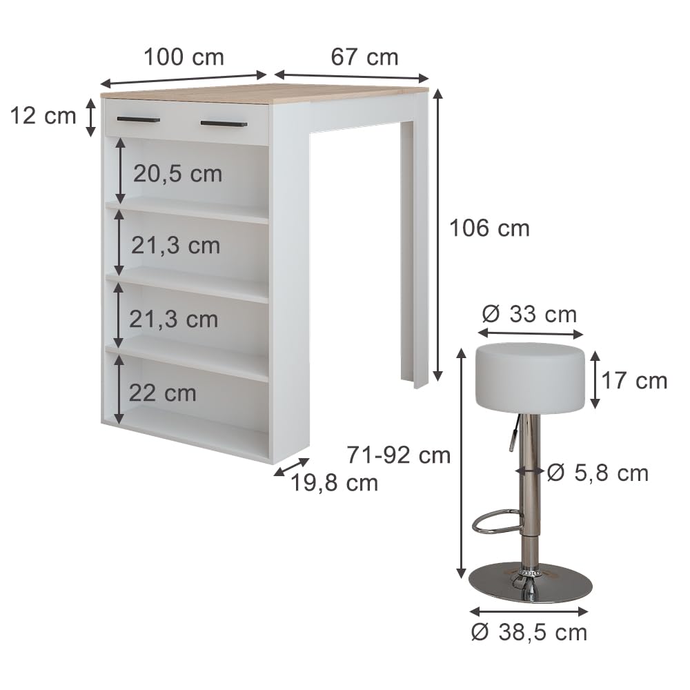 Vicco Set de Table de Bar Repose, Blanc/Sonoma, 67x100cm avec 2 tabourets de Bar, pour Une Utilisation comme Table Haute avec étagères réglables