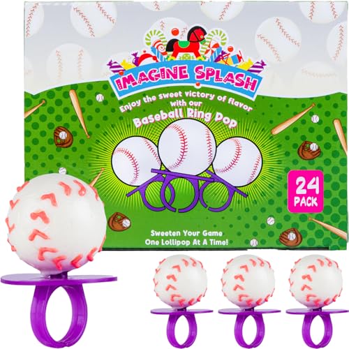 Baseball Ring Pops – Pack of 24 Grape-Flavored Wearable Candy Treats – Individually Wrapped Baseball Party Favors & Game Day Snacks