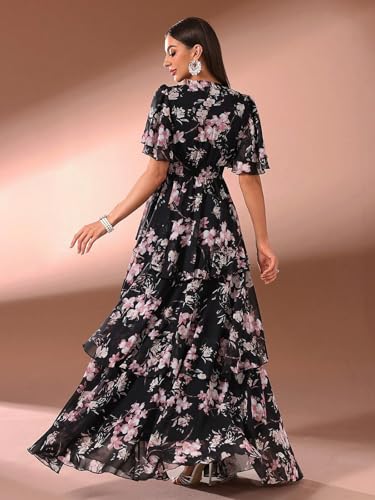 Image of TOLEEN Summer Casual Dresses for Women 2024 Spring Fashion Boho V Neck Long Sleeve Ruffle Floral Print Elegant Maxi Dress