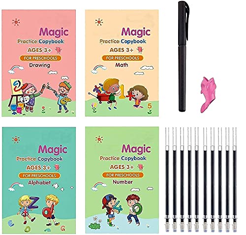 CARDEX Magic Practice Copy Books Set of 4 Magic Writing & Drawing Books Kit Calligraphy Books for kids Alphabets for Kids Learning Handwriting Practice Copybook for Kids With Pen set for Preschooler
