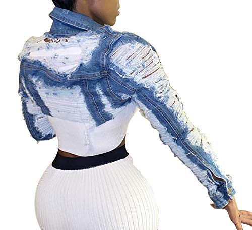 Voghtic Women Sexy Ripped Denim Jackets Lapel Button Down Short Crop Top Jeans Coat2