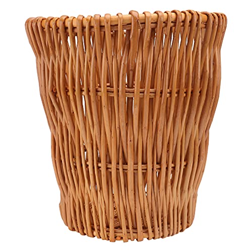 Wakauto Desktop Organizer Wicker Rattan Waste Basket Woven Trash Can Garbage Can Vintage Waste Bin Wastebasket Beige Creative Storage Basket