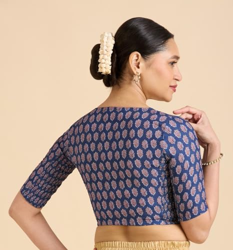 Image of Studio Shringaar Women's Blue Cotton Printed Side Stretch (Smocked) Readymade Saree Blouse