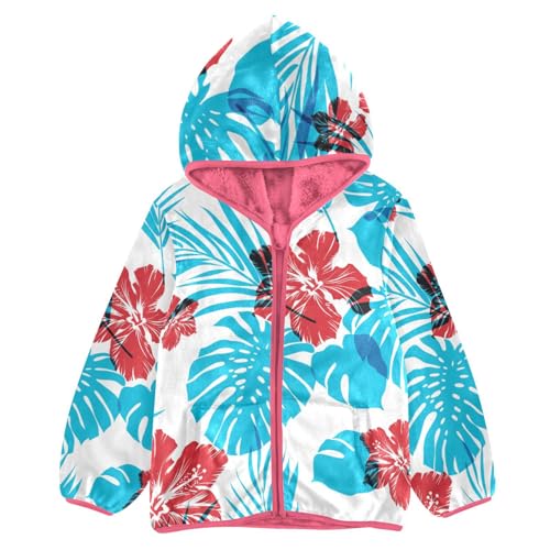 OTVEE Hibiscus Flowers Blue Leaves Kids Hoodie Jacket Fall Spring Full Zip Warm Outwear Coat