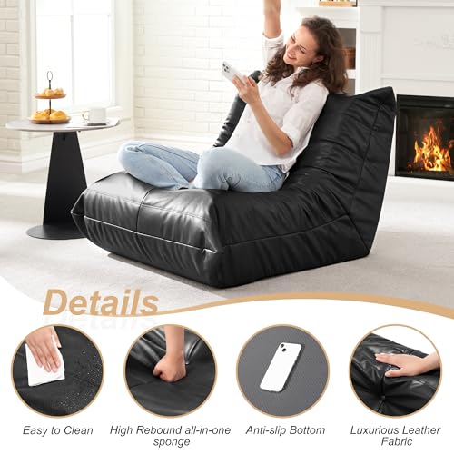 Hobestluk Giant Bean Bag Chair Lazy Floor Sofa, Memory Foam Fireside Sofa for Adults, Big Beanbag Faux Leather Armless Chair for Living Room Bedroom Dorm Office (Black, Single)