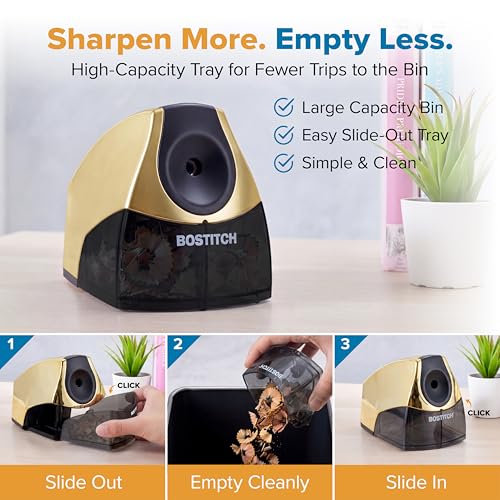 Image of Bostitch Office Electric Pencil Sharpener for Classroom & Desk Use, Heavy-Duty Stall-Free Motor, High-Capacity Shavings Tray, Gold Chrome