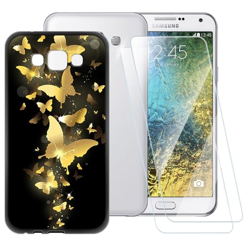 Funda de patrón de mariposa dorada compatible con Samsung Galaxy E7 + 2 unidades protector de pantalla vidrio templado, a prueba de golpes funda para Samsung Galaxy E7 (5.5 pulgadas)