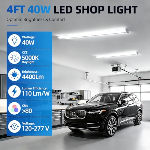 Image of 4FT 5'' W LED Wraparound Light , 40W 4400LM 5000K, 110LM /W High Efficiency | Flush Mount Ceiling Light, No Glare, Energy Saving Shop Light for Garage Office Kitchen Laundry Roon, 100-277V, ETL, 4 Pack