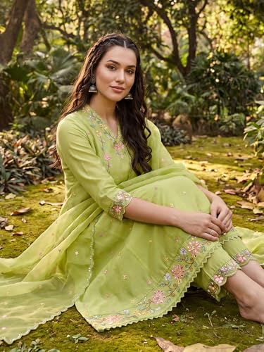 Image of INDO ERA Women's Silk Blend Floral Embroidered Thread Work Kurta & Pant with Dupatta Set