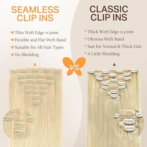 Image of DOORES Real Human Hair Extensions, Bleach Blonde 130g 9pcs 14 Inch Seamless Clip-ins, Remy Invisi Edge Thick Straight Hair