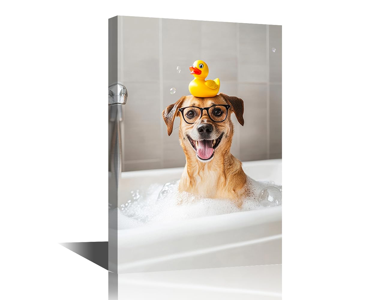 TISHIRON Funny Bathroom Wall Decor Dog in a Bathtub Wall Art Animals Bubbles and Rubber Duck Bathroom Decor Wall Art Modern Artwork House Decorations Stretched and Framed Ready to Hang (12" Wx18 H)