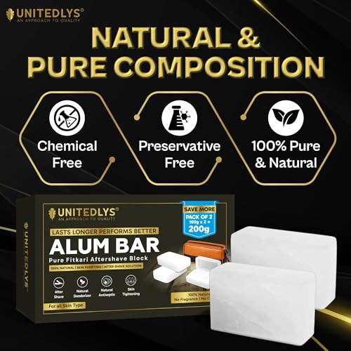 Image of UNITEDLYS Pack of 2 Premium Alum Bar 200G with Travel Case | Natural After Shave Lotion Alternative | Fitkari Stone for Skin Tightening & Water Purification | Crystal White Alum Stone Bar for Underarms & Shaving | Gentle & Effective Phitkari