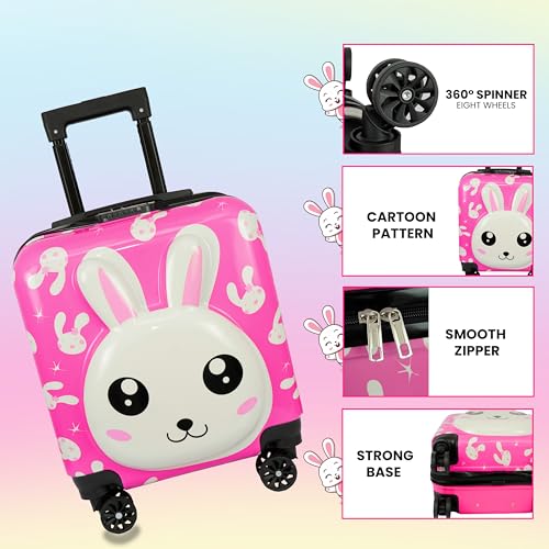 Image of Storite 18 Inches Kids Trolley Bag Hard-Sided Polycarbonate Cute Rabbit Print Spinner Suitcase Trolley Bags for Kid's Travel (Pink - 35 x22 x 37 Cm)