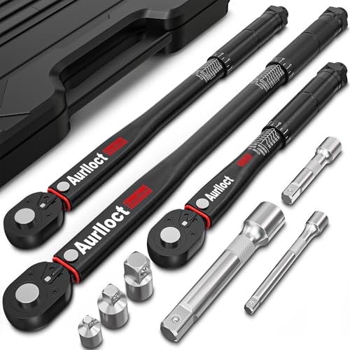 Aurlloct Juego de Llave Dinamométrica 1/4' & 3/8' & 1/2', Llaves Dinamométricas 5-55Nm, 10-140Nm, 20-230Nm, 72 Dientes Cabezal Reversible, para Bicicleta, Moto, Coche, 9 Piezas