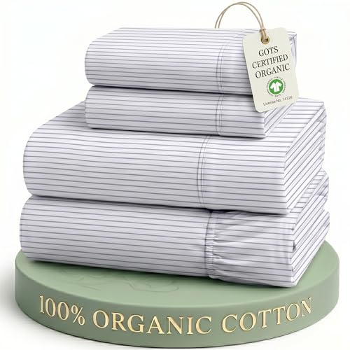 Image of LANE LINEN Full Size Bed Sheets 100% Organic Cotton Soft - Ticking Stripe | Full Sheets In Organic Cotton Percale - Breathable For Year-Round Sleep, Best-Value Organic Cotton, Affordable Organic Luxury