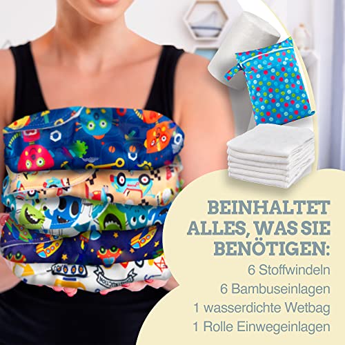 Set aus 6 wiederverwendbaren Windeln - Waschbare Stoffwindeln + 6 Windeleinlagen aus Bambus + 1 Rolle mit 100 abwaschbaren Windeltüchern