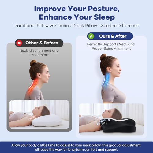 Image of Cervical Neck Pillow for Pain Relief,Cervical Pillow with Memory Foam Ergonomic Pillows with Dual Heights for Back,Stomach and Side Sleepers Kids' Floor Pillows Cushions (Dark Black, Standard 27 inchx16 inch)