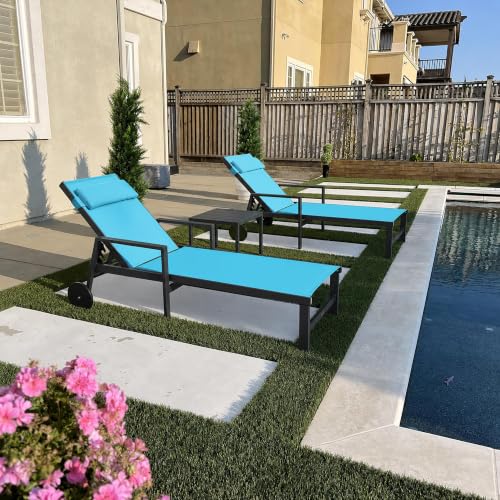 PURPLE LEAF Patio Lounge Chair Set of 3 Outdoor Chaise Lounger Aluminum Frame with Armrest Side Table and Wheels for Pool Outside Sunbathing Tanning Recliner Including Pillows Turquoise Blue