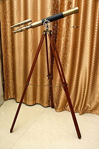 Maritime Antique Double Barrel Black Leather Telescope Antique Finish with Brown Wooden Tripod Brass Floor Standing Telescope with Free Watch Leather Box