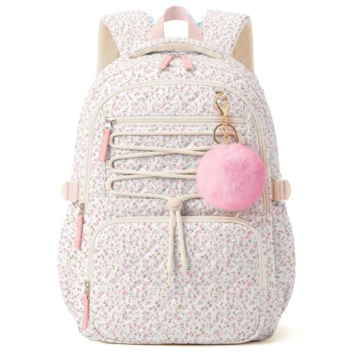 WOBAGMEN Quilted Backpack for Kids Girls Cute School Backpack with Multi-Pocket Lightweight Bookbag Fits 15.6 Laptop Aesthetic Large Capacity Casual Daypacks for School College (Pink Floral M)
