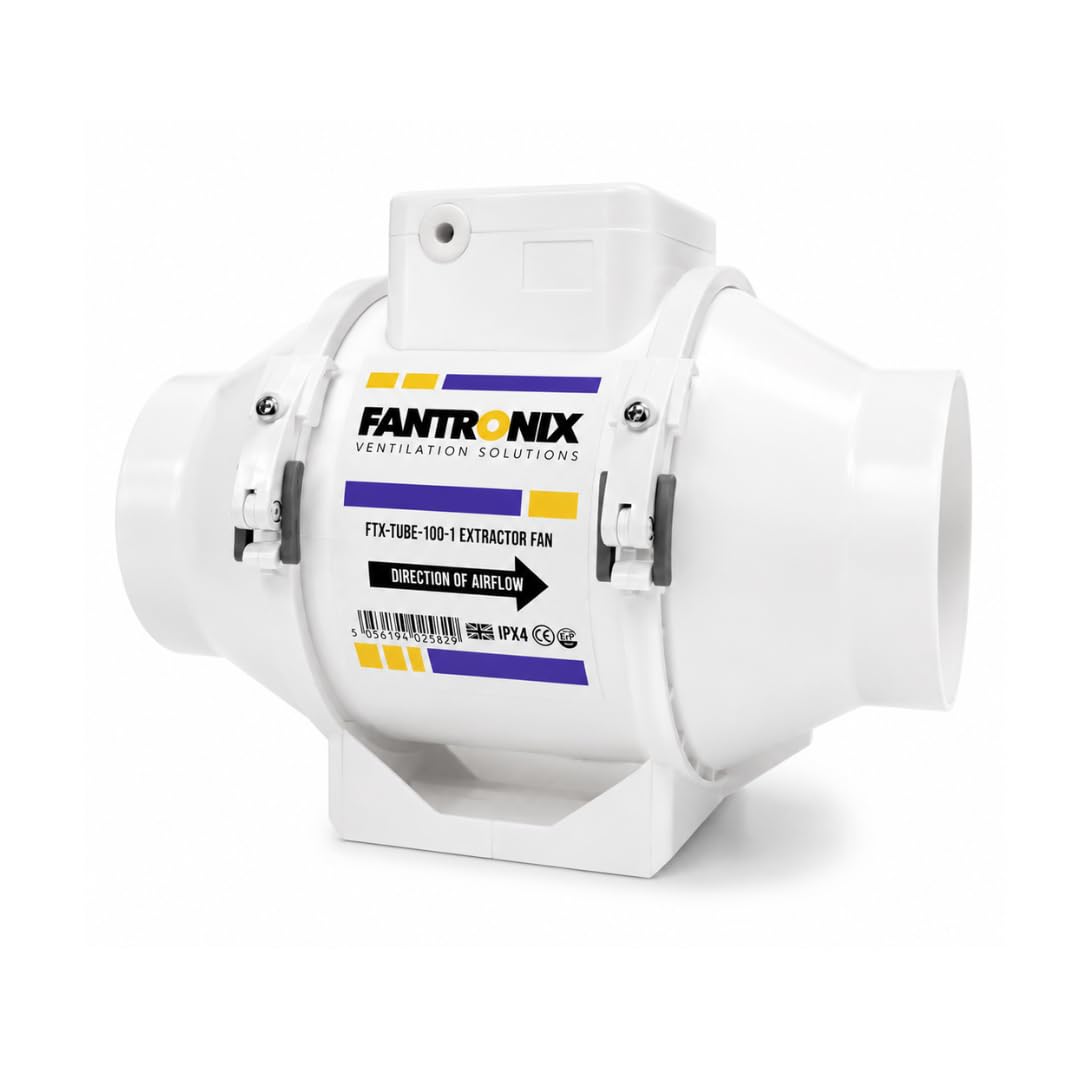 Fantronix White 100 Mm (4”) Inline Bathroom Extractor Fan With Run-On Timer – Quiet Loft-Mounted Ventilation For Shower, Toilet & Damp Control
