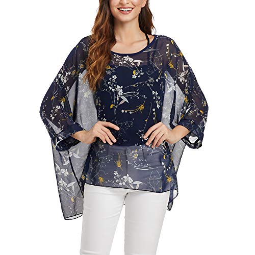 Image of Ckikiou Plus Size Batwing Flowy Semi Sheer Chiffon Blouse Tunic for Women Summer Floral Print Boho Beach Cover ups