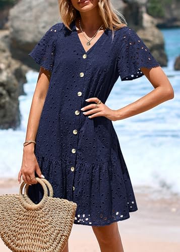 Image of KIRUNDO Eyelet Dresses for Women Button Down Mini Babydoll