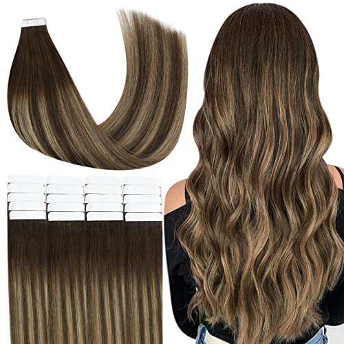 YoungSee Tape in Hair Extensions Balayage Human Hair 14 Inch 20pcs 50g Dark Brown Mix Caramel Blonde Real Ombre Tape in Extensions Remy Hair