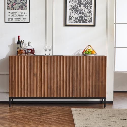 Merax Dark Oak Grain Sideboard, Mid-Century Modern 3D Wave Design Buffet Sideboard, 3 Doors, Adjustable Shelves, Anti-Tip Feature, Stylish Storage for Living Room, Dining Room & Office