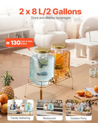 Image of VEVOR Beverage Dispenser, 2 Pack 2 Gallon Drink Dispensers for Parties, Glass Juice Dispenser with Metal Stand, Stainless Steel Spigot, Infuser, Iced Tea Lemonade Juice Water Dispensers for Parties