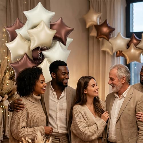 Image of Atpata Funky Boho Theme Foil Balloons - White Sand, Nude Cream, Tan Brown Caramel Shades - Stars and Hearts Shape - for Weddings, Birthdays, Baby Showers, and Party Decorations (6pcs, Stars)