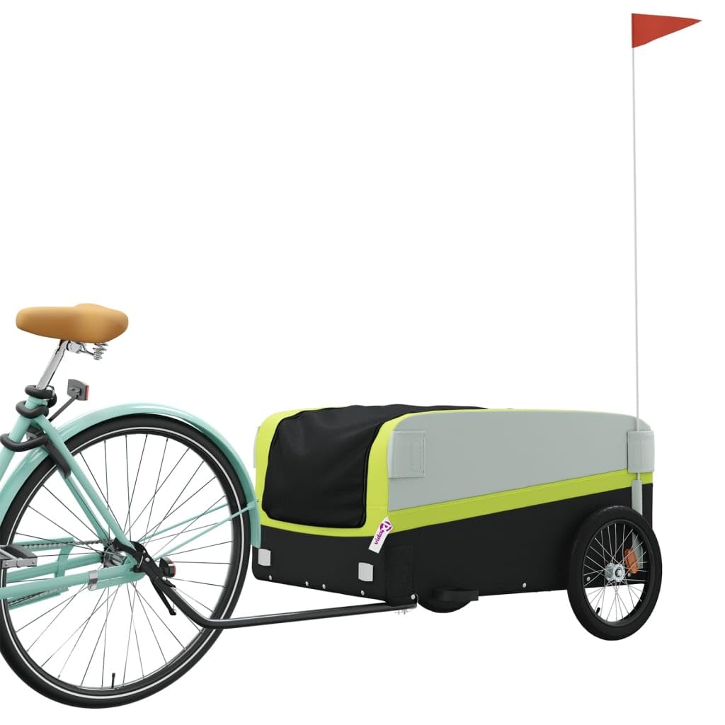Mangloder Fahrradanhänger schwarz und grün robust aus Eisen mit Deichsel für Transport, Camping, Familienausflüge geeignet, inklusive Sicherheitsflagge und faltbar Design