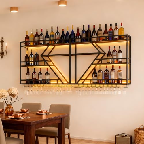 KEPMOGOH Casier à vin Mural, étagères de Bar avec Support de Verre à vin, Porte-Bouteille de vin en métal, Bouteille de vin Mural pour la Maison, du...
