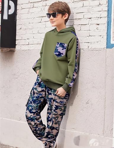 Image of mksodopy Boys Clothes Long Sleeve Hoodie and camouflage cargo pants Boy Outfits for 6-16 Years