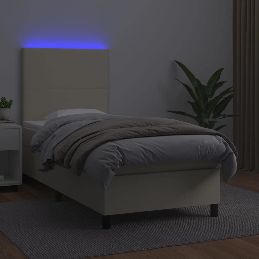 Skóra ekologiczna regulowany zagłówek LED 90x200 cm kremowy | Łóżko kontynentalne z LED i materacem 90x200 kremowe ekoskóra z zagłówkiem i ochraniaczem do sypialni