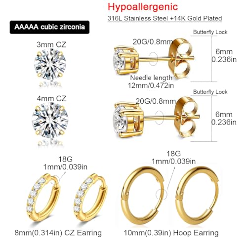 4 Pairs Gold Studs Earrings for Women, 14K Gold Plated Huggie Hoop Stack Earrings Set for Multiple Piercing, Hypoallergenic Cartilage Jewelry with Cubic Zirconia for Sensitive Ears (Gift Ready)2