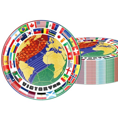 VVBray 20Pcs 2026 World Soccer Match Theme Paper Plate Set 9 Inch Disposable Party Plates International Flags Themed Football Soccer Paperplates for Watch Party Tournament Kids Birthday