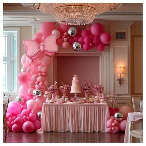 Image of Pink Balloon Arch Kit Double Stuffed Peach Pink Bow Balloon Garland Foil Silver Balloons For Happy Birthday Baby Shower Bridal Shower Wedding Girls Women Theme Tea Party Decor