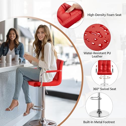 Image of Yaheetech Bar Stools Set of 4, Swivel with Backs, Adjustable Height, Red