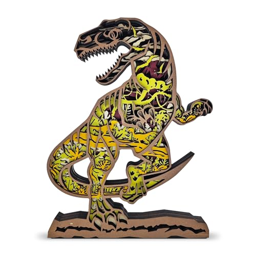 Image of 3D Wooden Velociraptor Decor - Multi-Layer Carved Dinosaur Wall Art & Tabletop Ornament, Prehistoric Animal Figurine for Boys Bedroom, Office, Unique Forest Decor Gifts for Dinosaur Lovers
