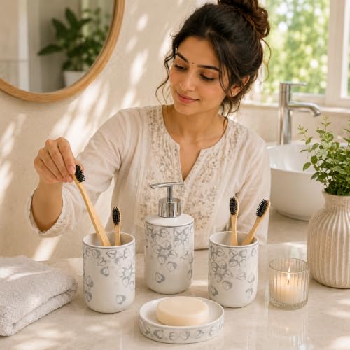 Image of Market99 Ceramic Bathroom Set Glossy White and Grey with Sophisticated Leaf Design, Includes Soap Dispenser, Tumbler, Toothbrush Holder, and Soap Dish for Coordinated Bathroom Style, 300 ML Capacity
