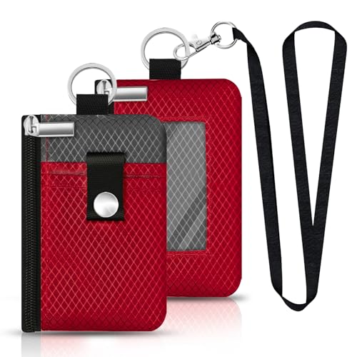 Image of Minimalist RFID Blocking Small Wallet with ID Window,WaterResistant Zip Id Case Wallet with Lanyard Keychain for Cards,Cash,Travel,Women,Men (Red /Dark Grey)