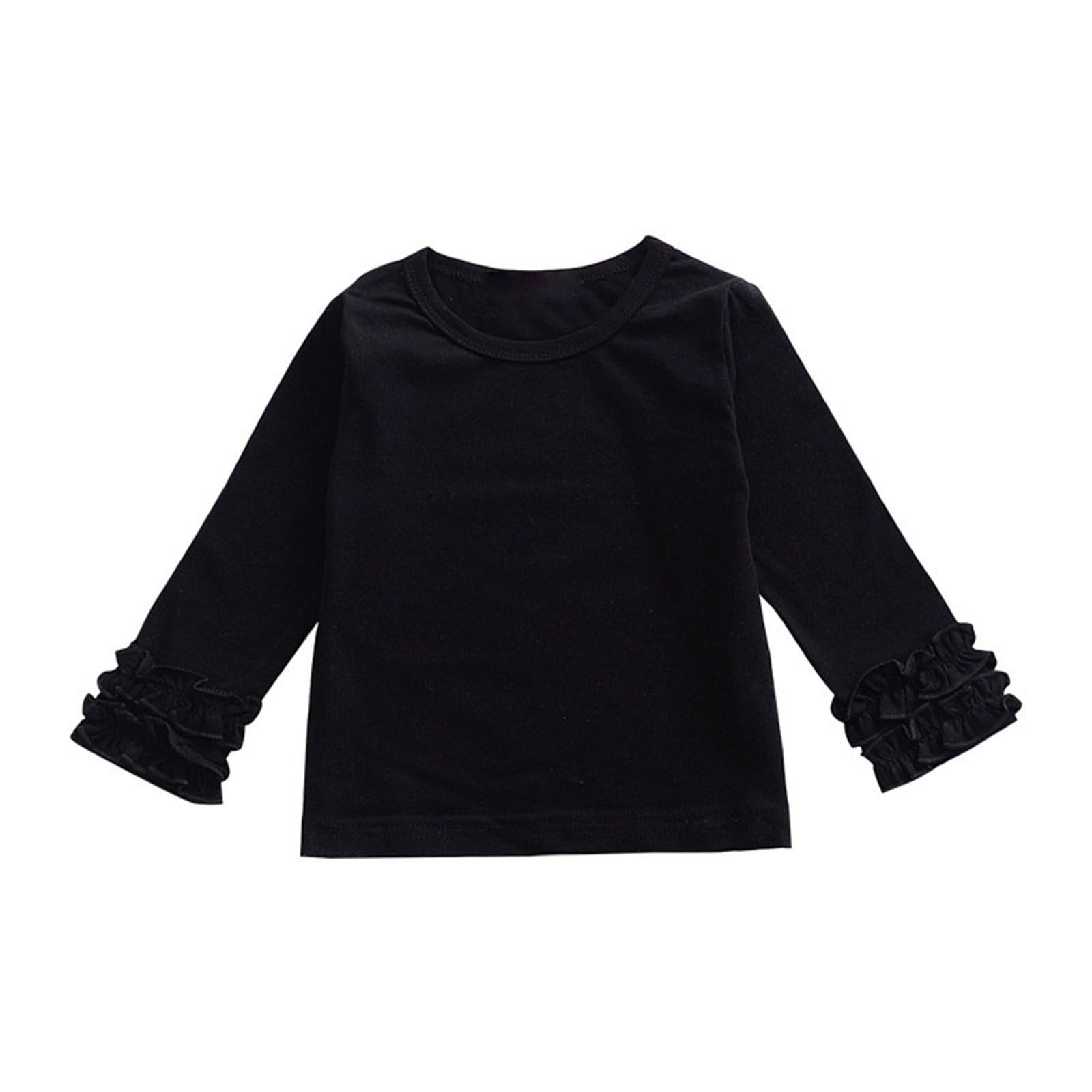RNTOP Kids Toddler Girl Ruffle Long Sleeve Tees Shirts Plain Solid T-Shirts Crewneck Blouse Tops (Black, 18-24 Months)