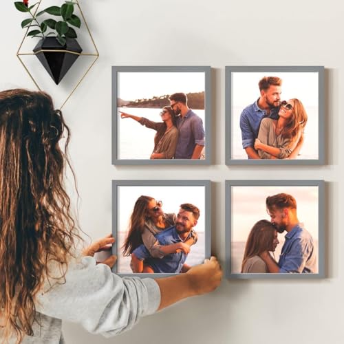 Renditions Gallery Set of 4, 12x12 Custom Photo Prints with Real Wood Picture Frames. Create Personalized Photos with Peel & Stick Photo Frames. Gray Frame