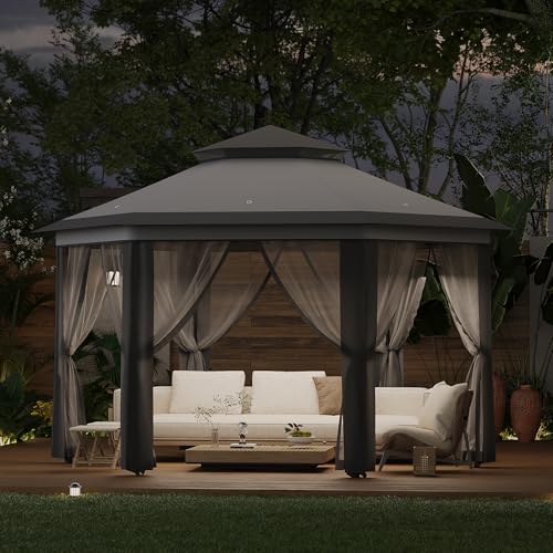 OUTGOODS Pop-Up Gazebo 13 * 13 ft 6 Sided, Canopy Tent with Mesh Windows & Portable Carry Bag, Adjustable Tent Outdoor Pergola for Backyard & Patio Furniture (Light Grey + Dark Grey) - Thumbnail 7